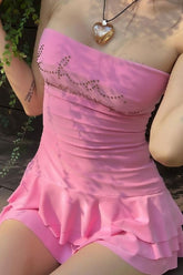 Hot Drilling Printed Strapless Ruffle Tiered Dress